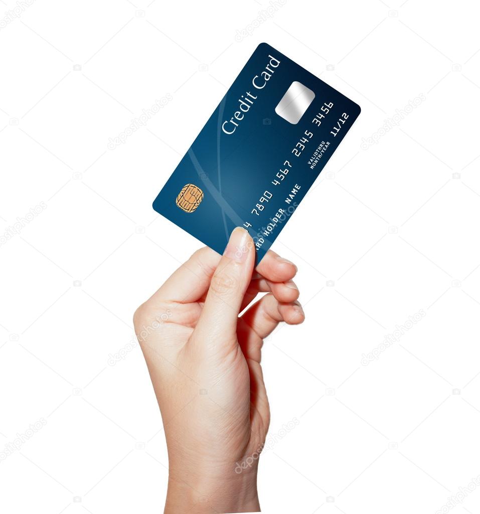 female hand holding credit card isolated on white 