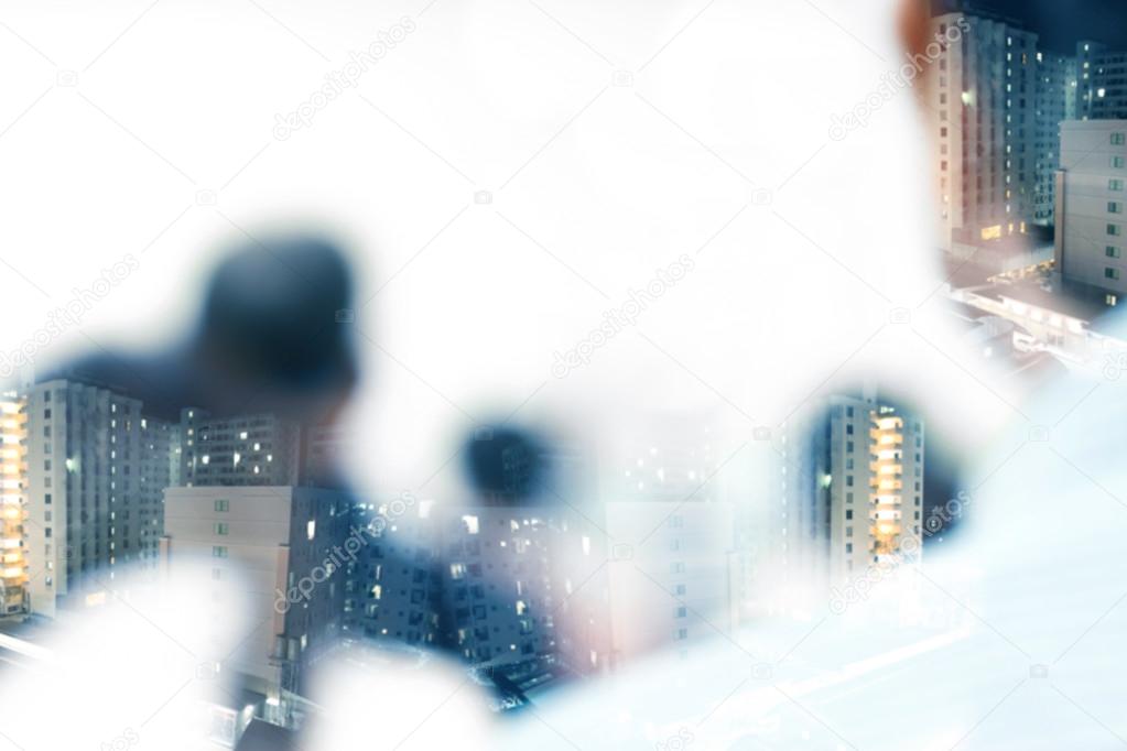 Double expose of  business people in conference room  background