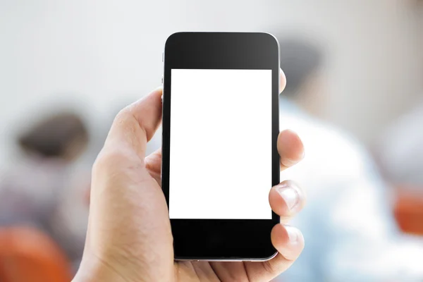 Close up of hands man holding smart phone with blank screen — Stock Photo, Image