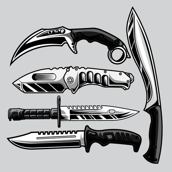 Установить Военный Нож Сером Фоне — стоковый вектор