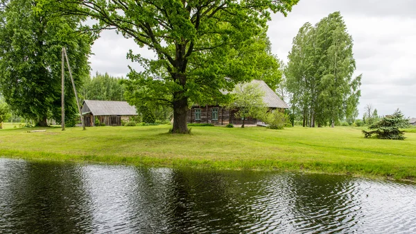 Заміський будинок зі ставком і дубами зі ставком — стокове фото