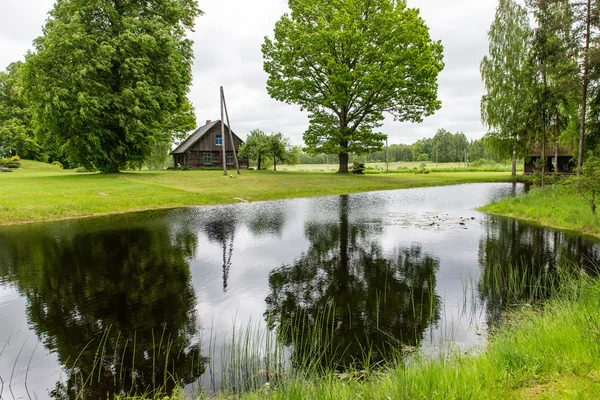 Vidéki ház tó- és tölgyfák alatt a tó — Stock Fotó
