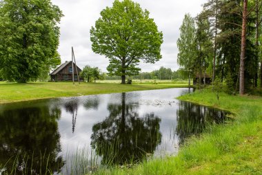 kır evi gölet gölet ve meşe ağaçları ile