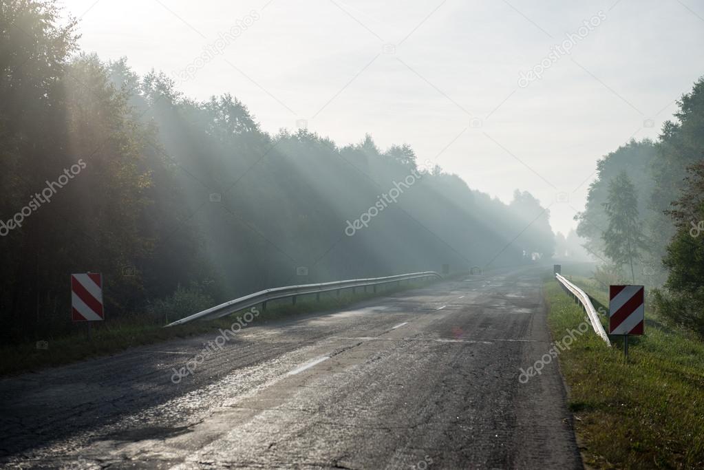 Light rays in fog over the road