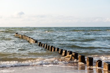 Dalgakıran deniz sahilinde ahşap direkleri bir satır