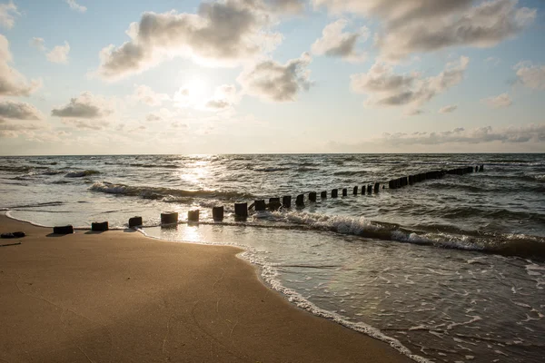 Rompeolas de una hilera de postes de madera en la costa del mar — Foto de Stock