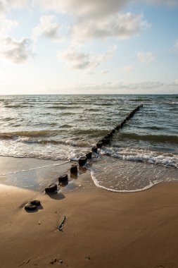 Dalgakıran deniz sahilinde ahşap direkleri bir satır