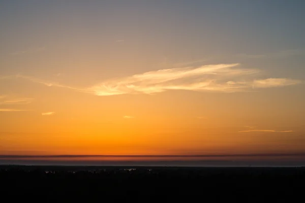 Sunset over the forest in fog — Stock Photo, Image