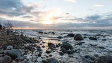 Fırtına geniş dalga Baltık Denizi kıyısında