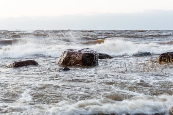 Storm stor våg på stranden av Östersjön — Stockfoto