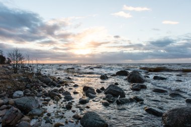 Fırtına geniş dalga Baltık Denizi kıyısında