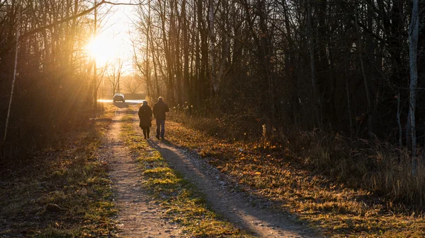 Ludzie spaceru na szlaku w okolicach jesieni — Zdjęcie stockowe
