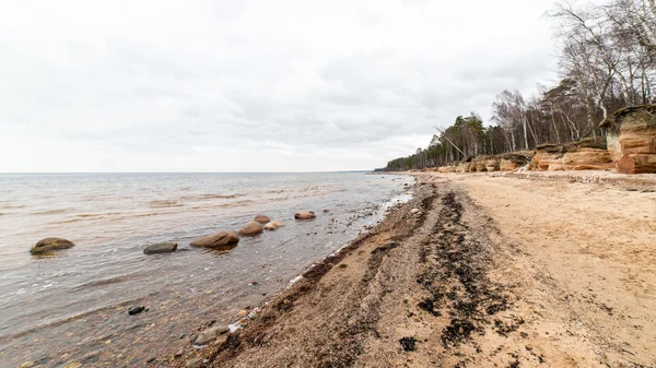 Plaża skalista jesień z fal rozbijających się na skałach — Zdjęcie stockowe