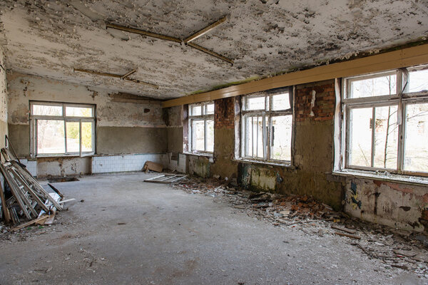 Abandoned interior in ruins of military settlement