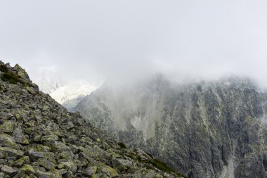 bulutlar ve sis kaplı kayalık dağ manzarası