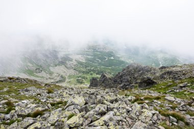 bulutlar ve sis kaplı kayalık dağ manzarası