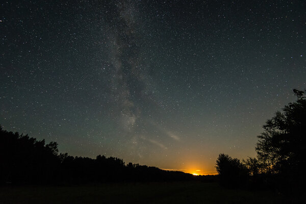 Beautiful milky way galaxy on a night sky and silhouette of tree