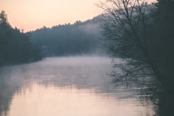 Hermoso río brumoso en el bosque - efecto de película vintage —  Fotos de Stock