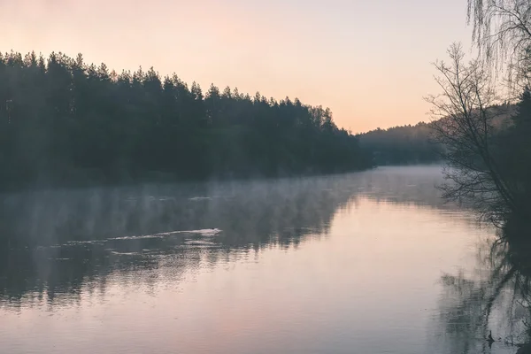 Belle rivière brumeuse en forêt - effet film vintage — Photo