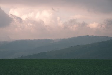 Karanlık fırtına bulutları yeşil çim - vintage etkisi ile çayır üzerinde