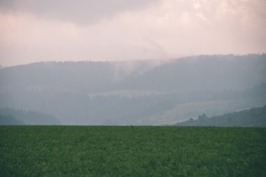 Karanlık fırtına bulutları yeşil çim - vintage etkisi ile çayır üzerinde