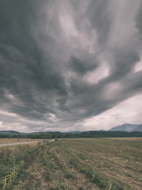 Karanlık fırtına bulutları yeşil çim - vintage etkisi ile çayır üzerinde