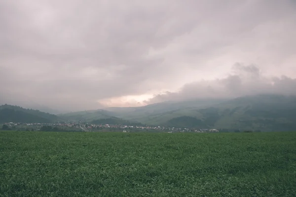 Nubes de tormenta oscura sobre el prado con hierba verde - efecto vintage —  Fotos de Stock