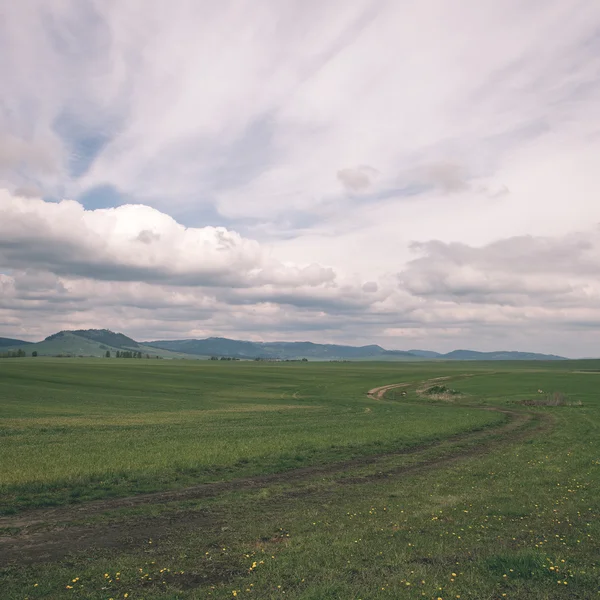 Nuvens tempestade escura sobre o prado com grama verde - efeito vintage — Fotografia de Stock