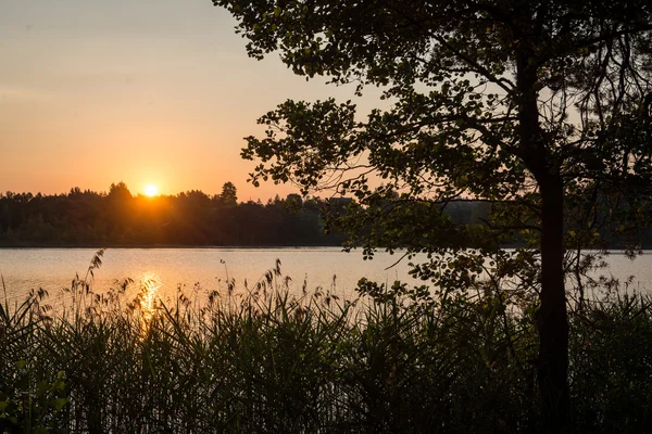 Belo pôr do sol de verão no lago com céu azul, vermelho e orang — Fotografia de Stock
