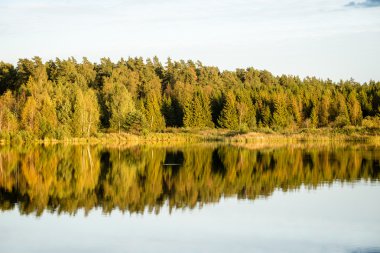 Mavi gökyüzü, kırmızı ve orangutan ile gölde güzel sonbahar günbatımı