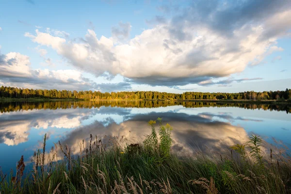 Güzel yaz günbatımı göle mavi gökyüzü, kırmızı ve orangutan