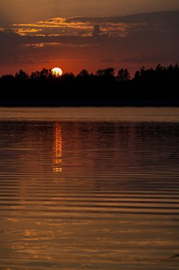 Gölün üzerinde güzel, kırmızı gün batımı ve ön tarafta çimenler.