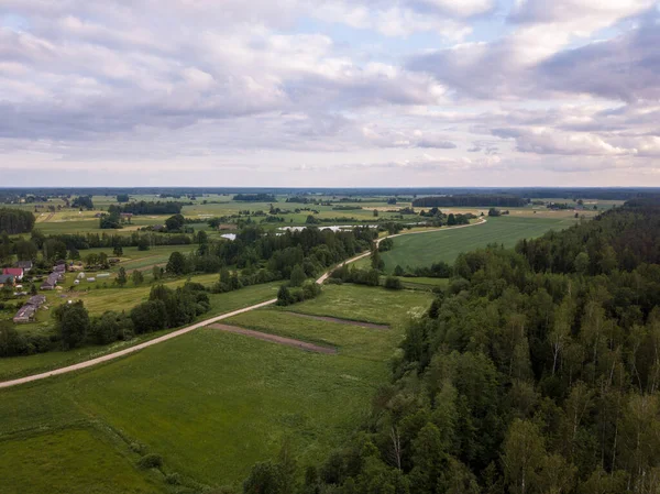 Landsbygd Antenn Landskap Med Vägar Och Gröna Fält Sommaren Molnig — Stockfoto