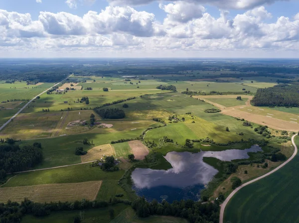 Countryside Aerial Landscape Roads Green Fields Summer Cloudy Sky — Stock Photo, Image