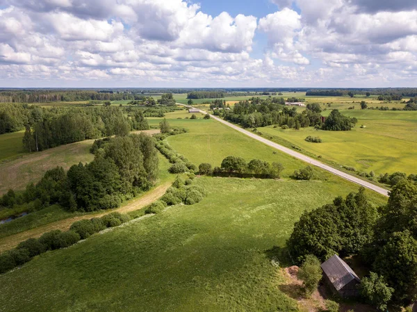 Countryside Aerial Landscape Roads Green Fields Summer Cloudy Sky — Stock Photo, Image