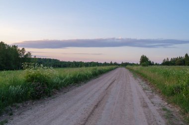 Gökyüzünde toz ve güneş ışınları olan sonsuz güzel taşra yolu. Geleceği gezmek