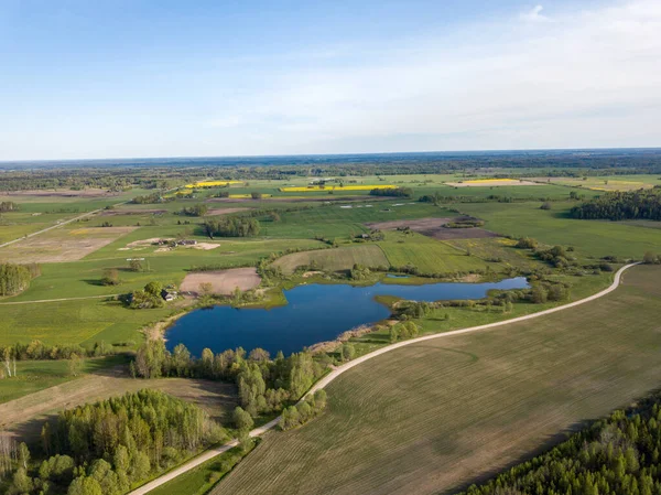 Summer Fields Forests Roads Countryside View Drone Image Nice Sky — Stock Photo, Image