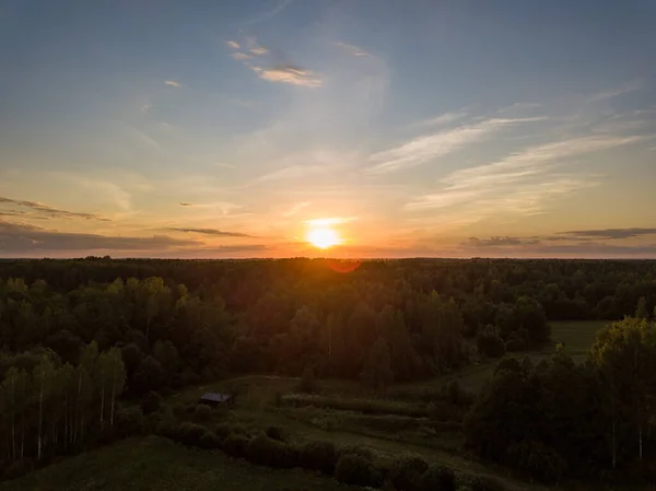 Letnie Pola Lasy Drogi Wsi Widok Góry Drone Obrazu Ładnym — Zdjęcie stockowe