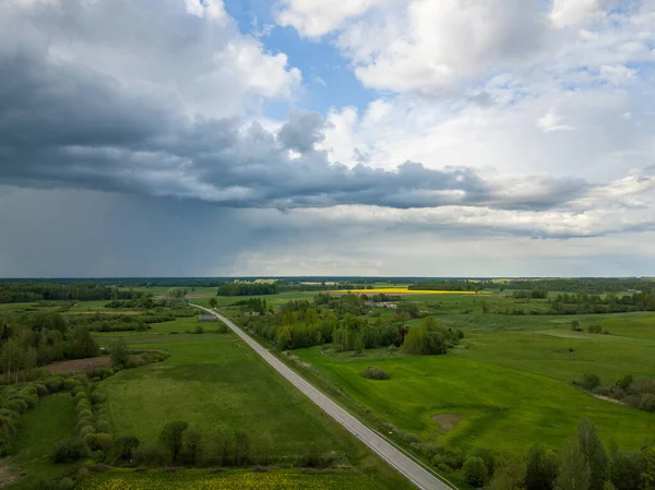 Summer Fields Forests Roads Countryside View Drone Image Nice Sky — Stock Photo, Image