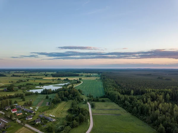 Summer Fields Forests Roads Countryside View Drone Image Nice Sky — Stock Photo, Image