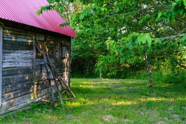 Vieux Bâtiment Intérieur Avec Planches Bois Mur Briques Brun Rouge — Photo