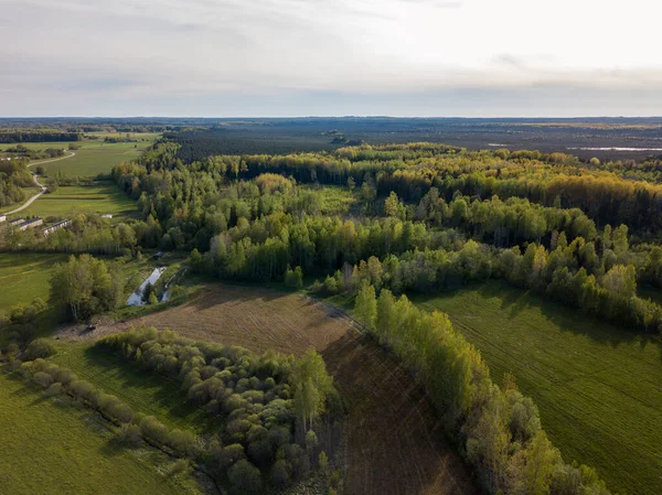 Sommar Fält Skogar Och Vägar Landsbygden Från Ovan Drönare Bild — Stockfoto