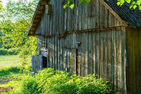 Vieux Bâtiment Intérieur Avec Planches Bois Mur Briques Brun Rouge — Photo