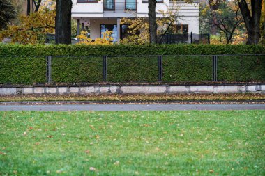 Yazın bahçe bahçesinde eski binalar, çitlerle ve çalılarla süslemeler.