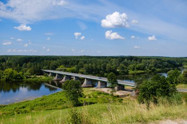 Yeşil yapraklı ormandaki manzaralı yaz nehri manzarası ve akarsudaki kum ve kayalarla alçak su.