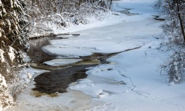 Buz, kar ve buzun altındaki kahverengi suyla ormandaki donmuş nehir manzarası. Kırsal kesimde kış yağmuru
