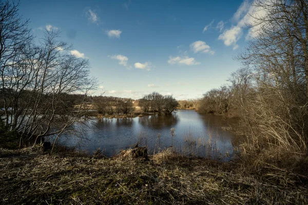 Landschap Bos Rivier Met Blauw Water Rotsen Aan Kust Met — Stockfoto