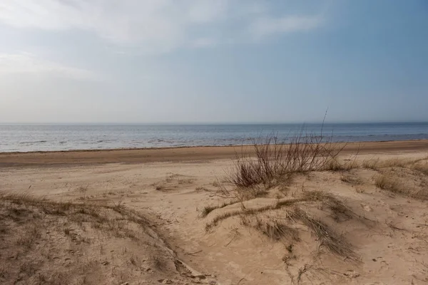 Spiaggia Sabbia Vuota Riva Mare Con Rocce Cielo Azzurro Sopra — Foto Stock