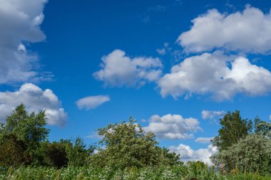 Yazın mavi suyla deniz limanı üzerinde dramatik fırtına bulutları