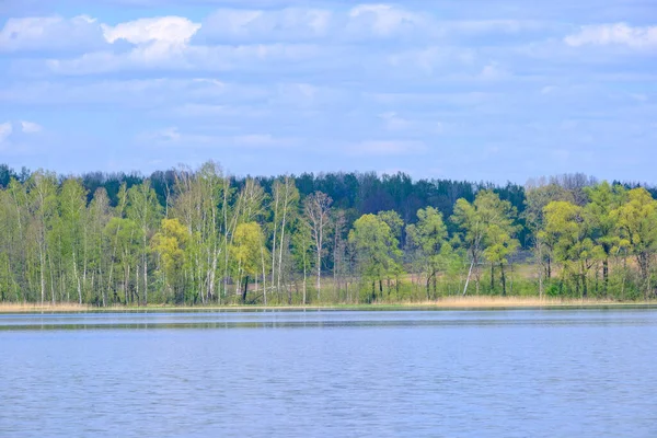 Brede Rivierlandschap Scène Met Groot Lichaam Van Water Blauwe Reflecties — Stockfoto